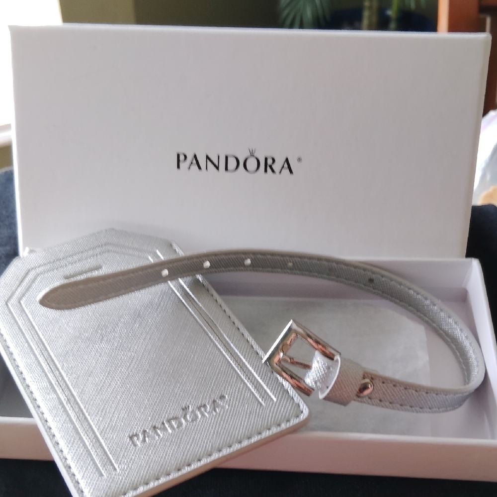 (2) Pandora Gray Leather Luggage Tag